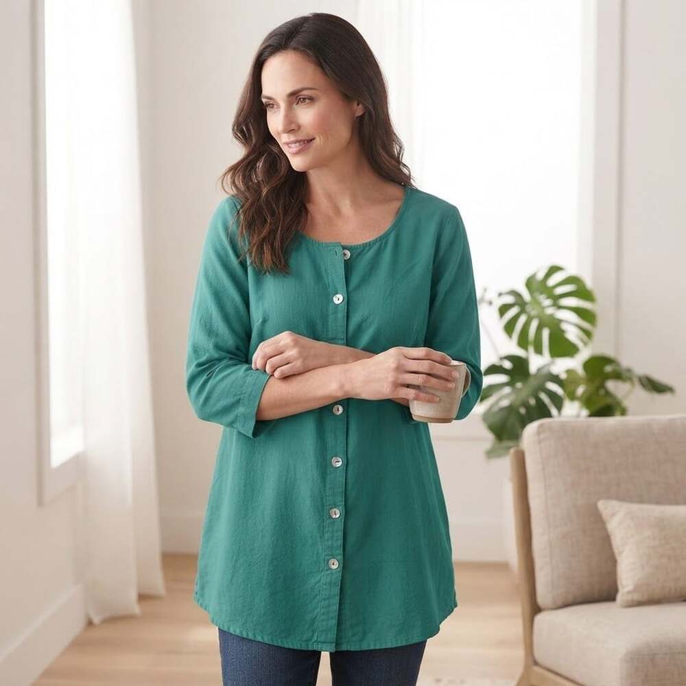 Soft Surroundings women's long sleeve button-up blouse with V-neck